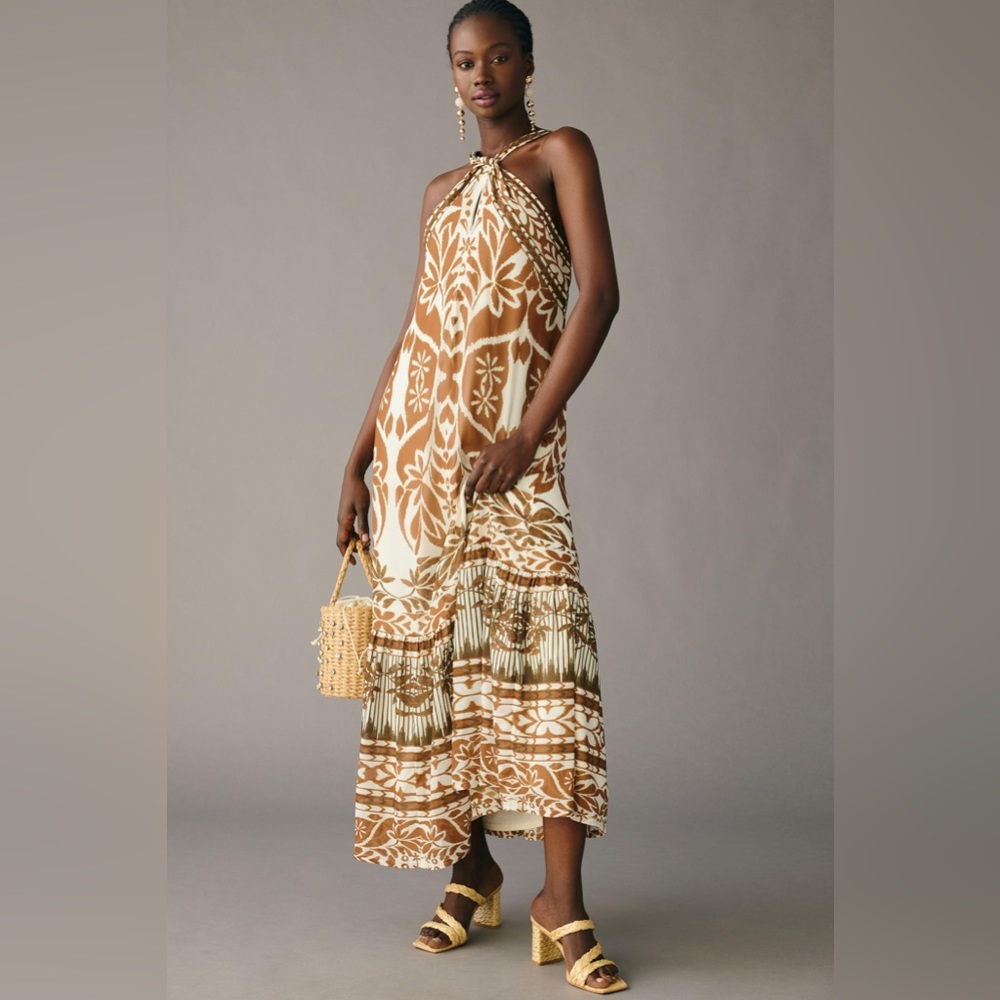 Anthropologie Brown and Cream Halter Tiered Maxi Dress with Olive Accents